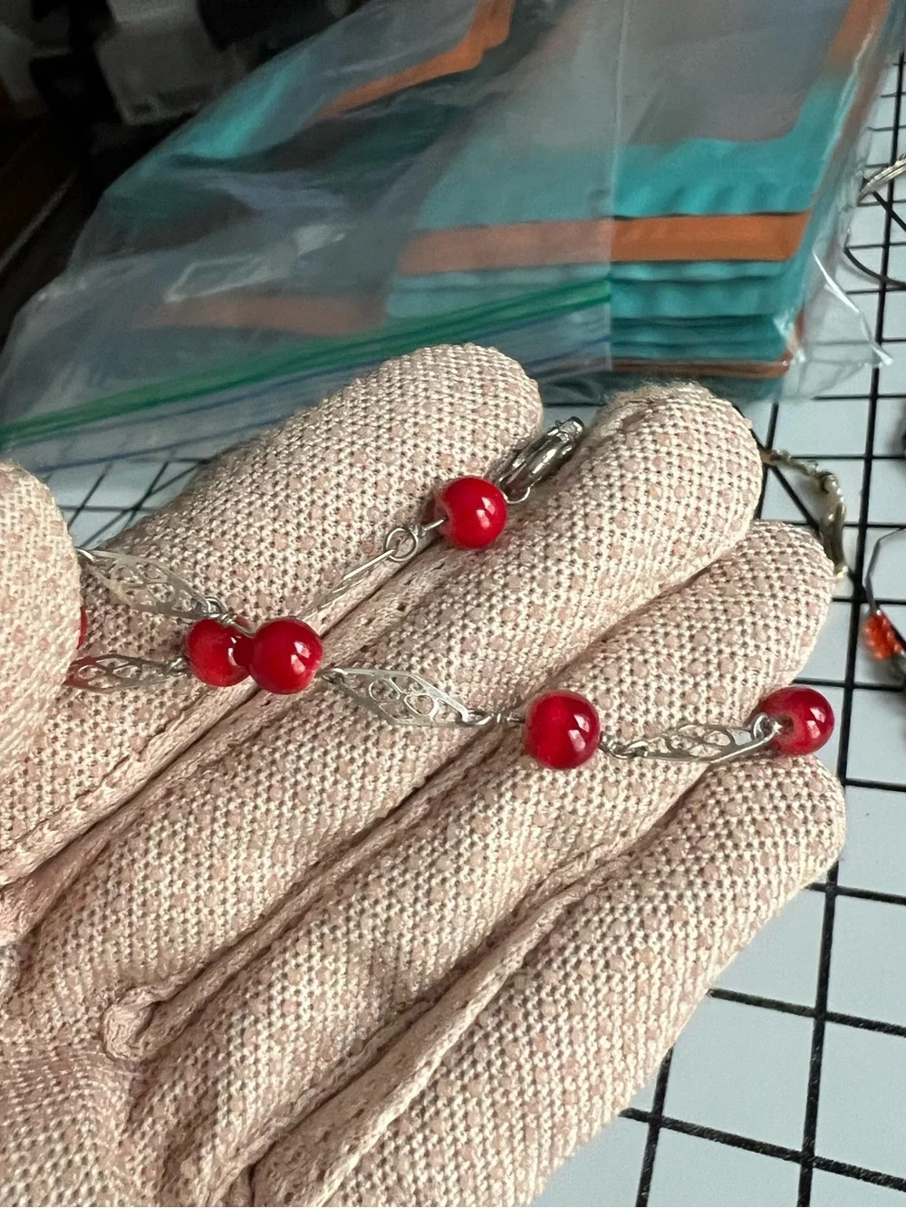 Vintage Red Beaded Silver Tone Link Chain Bracelet Bohemian Chic